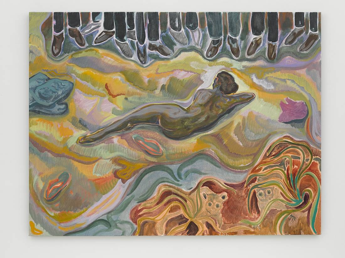 Michael Armitage, #mydressmychoice, 2015, huile sur tissu d'écorce de Lubugo, 149,9 x 195,6 cm © Michael Armitage. Photo : White Cube (George Darrell)